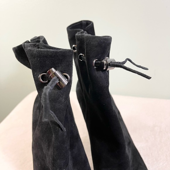 BCBGMAXAZRIA Womens Black Drawstring Real Rabbit Fur Stiletto Heel Boots Size 8M - Picture 6 of 12